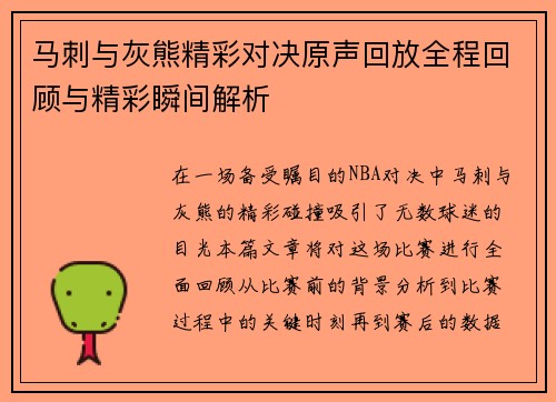 马刺与灰熊精彩对决原声回放全程回顾与精彩瞬间解析