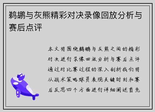 鹈鹕与灰熊精彩对决录像回放分析与赛后点评